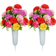 HANGTANWAN Cemetery Flowers, Set of 2 Artificial Carnation Bouquet Grave Memorial Flowers with Vase for Cemetery Headstones Decoration (Carnation)