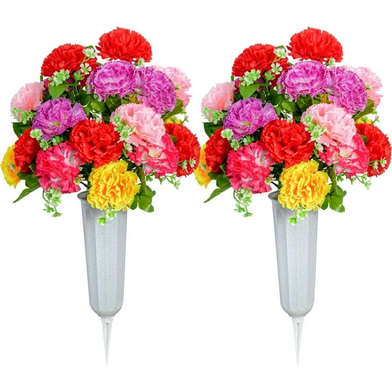 Cemetery Flowers, Set of 2 Artificial Carnation Bouquet Grave Memorial Flowers with Vase for Cemetery Headstones Decoration (Carnation)