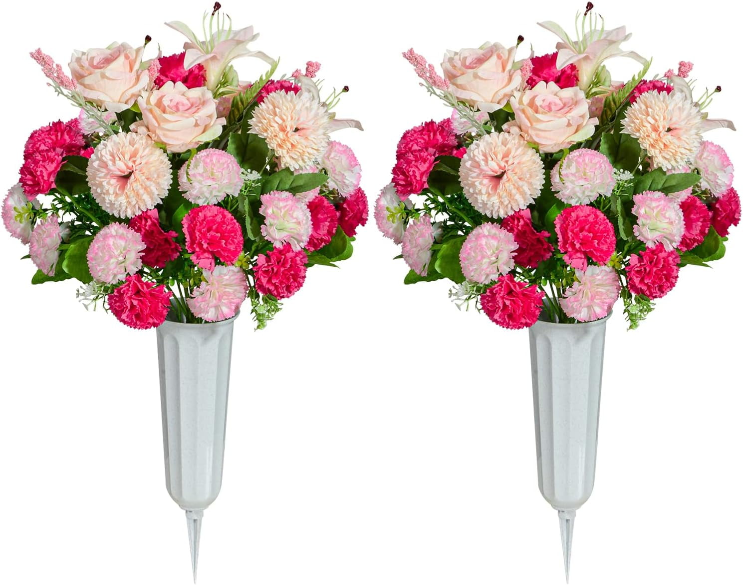 Cemetery Flowers, Set of 2 Artificial Carnation Bouquet Grave Memorial Flowers with Vase for Cemetery Headstones Decoration (Carnation)