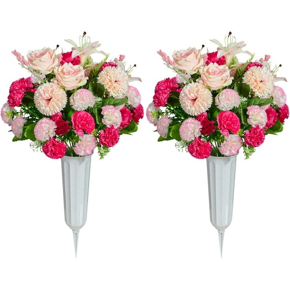 Cemetery Flowers, Set of 2 Artificial Carnation Bouquet Grave Memorial Flowers with Vase for Cemetery Headstones Decoration (Carnation)