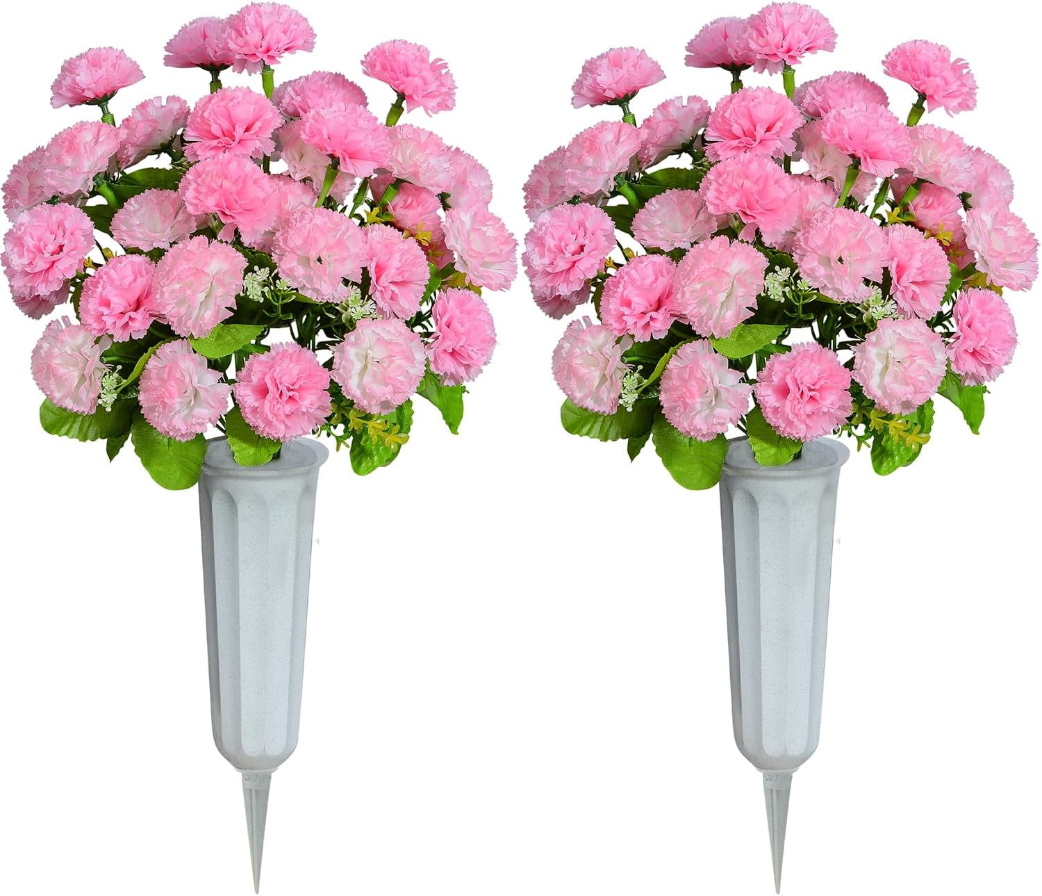 Cemetery Flowers, Set of 2 Artificial Carnation Bouquet Grave Memorial Flowers with Vase for Cemetery Headstones Decoration (Carnation)