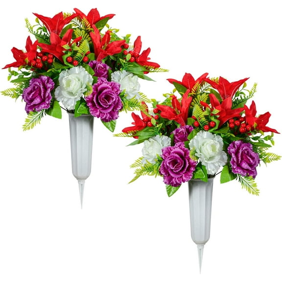 Cemetery Flowers, Set of Artificial Flowers Bouquet Grave Memorial Flowers with Vase for Cemetery Headstones Graveyard Decoration (Red Lily)