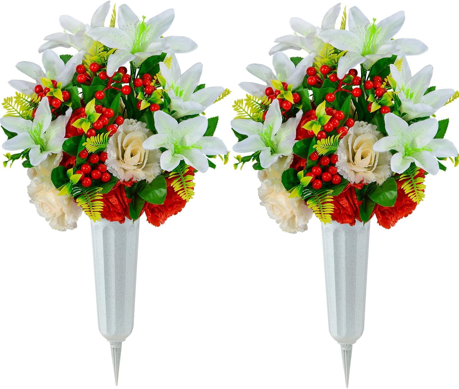 Cemetery Flowers, Set of Artificial Flowers Bouquet Grave Memorial Flowers with Vase for Cemetery Headstones Graveyard Decoration (White Lily)