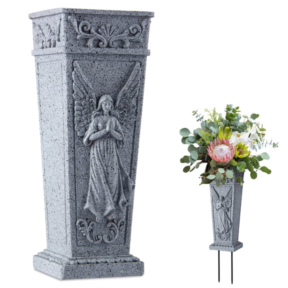 Cemetery Flowers Vase with Spike, Memorial Grave Vase Resin Flowers Holder for Headstone, Grave, Cemetery, Garden, Lawn, Yard Decorations (1pc, Grey)