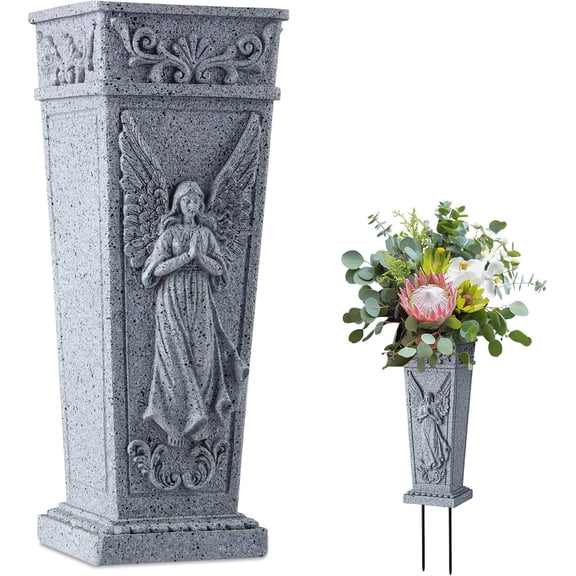 Cemetery Flowers Vase with Spike, Memorial Grave Vase Resin Flowers Holder for Headstone, Grave, Cemetery, Garden, Lawn, Yard Decorations (1pc, Grey)