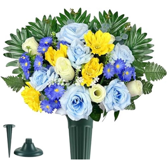 Cemetery Flowers with Vases for Grave Decor, Silk Blue Rose Daisy Cosmos Headstone Flower,Tombstone Flower - Bright and Colorfast,Blue,2 Lovely Butterflies$$Home Decor, Kitchen, & Other