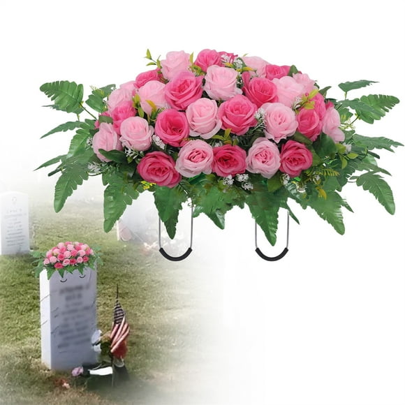 Cemetery Headstone Flower Saddle, Artificial Cemetery Flower Saddles for Graves, Artificial Rose Cemetery Memorial Flowers for Outdoor Tombstone Headstone Decorations (Pink) 26.77x19.69"
