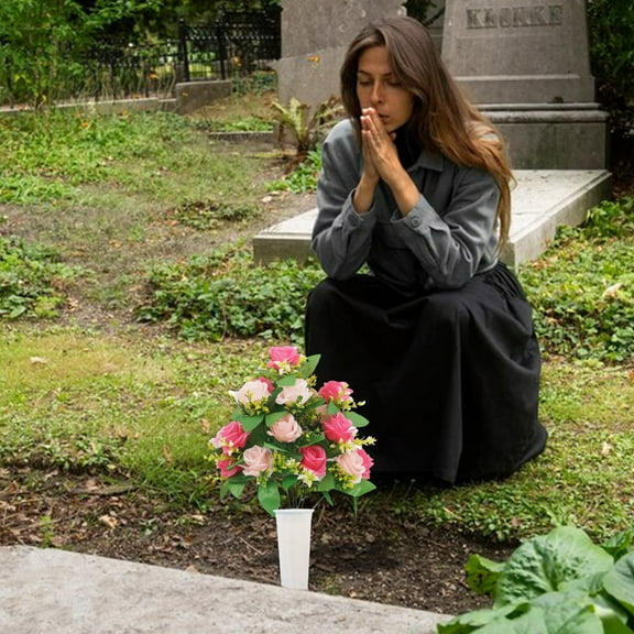 Cemetery Memorial Artificial Rose Bouquet with Vase RD2 – Miyuadkai 1 Set Sympathy Floral Decor for Graveside, Outdoor Faux Flower Arrangement for Memorial Day