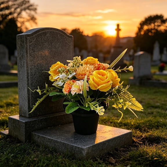 Cemetery Memorial Flowers, Artificial Potted Plants, Funeral Silk Rose Bonsai, Realistic Outdoor Weatherproof Fade-Resistant Decor, Tombstone Condolence Arrangement, 20cm Height