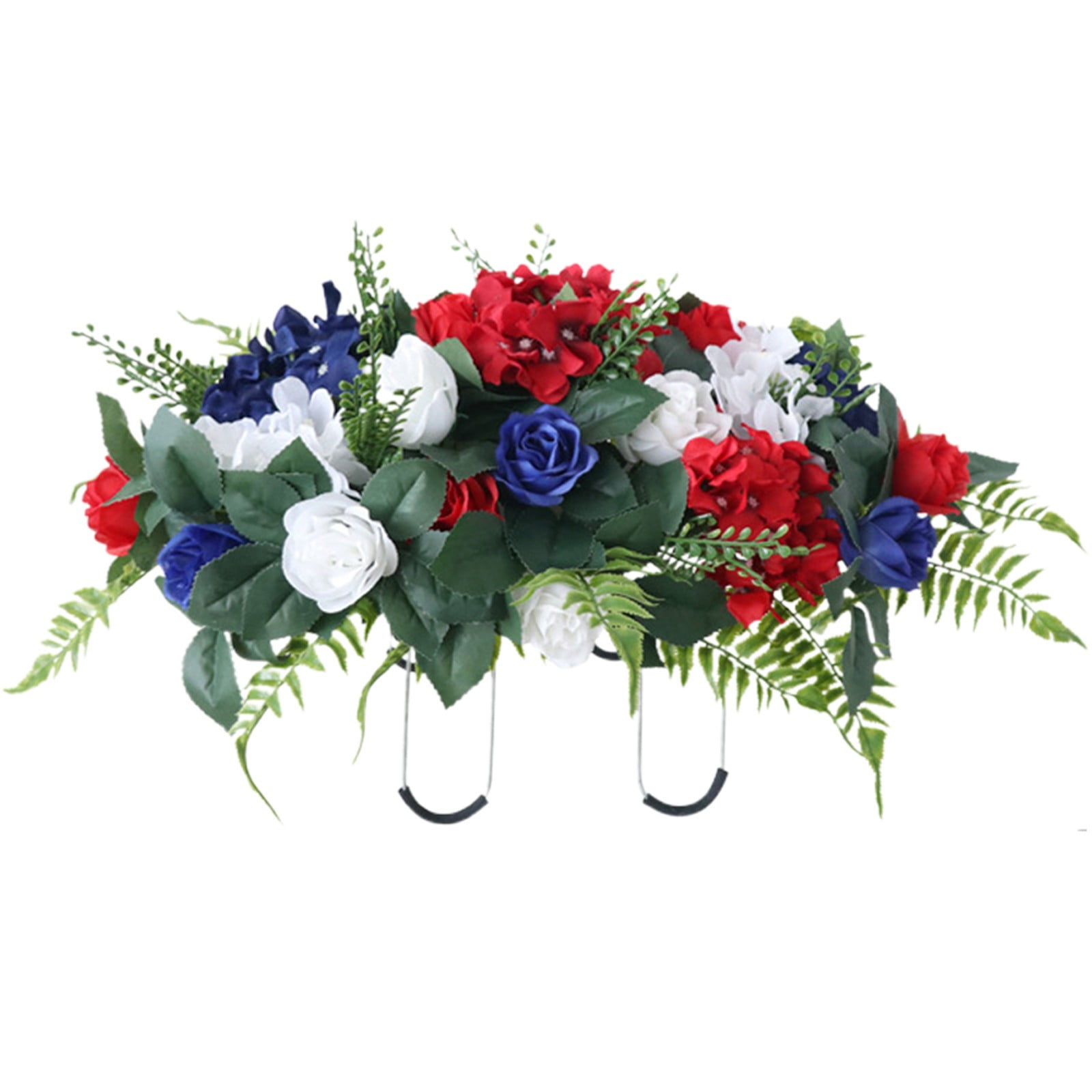 Cemetery Saddles for Headstones Patriotic Cemetery Saddle Flowers Red White and Blue Rose Arrangement with Flags, Artificial Memorial Floral Saddle for Gravesite Outdoor Decoration Durable Design