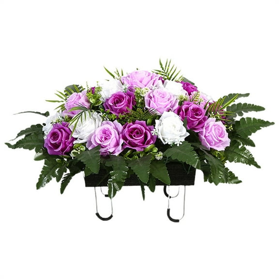 Barhoo Cemetery Saddles for Headstones Artificial Cemetery Flower Saddle with Roses for Headstones, 16.5X11.8 Inch Windproof Floral Arrangement for Grave Memorial Decor Headstone Flower Saddle