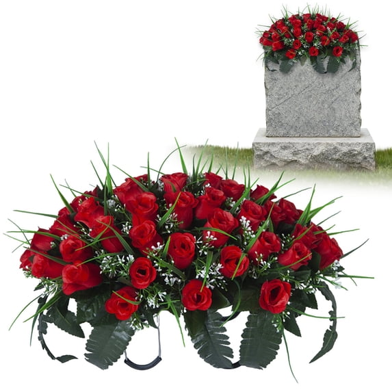Cemetery Tombstone Flower Saddle Artificial Grave Decoration 19.6x10.6in Rose Floral Memorial Mothers Day Remembrance Graduation Tribute Decor
