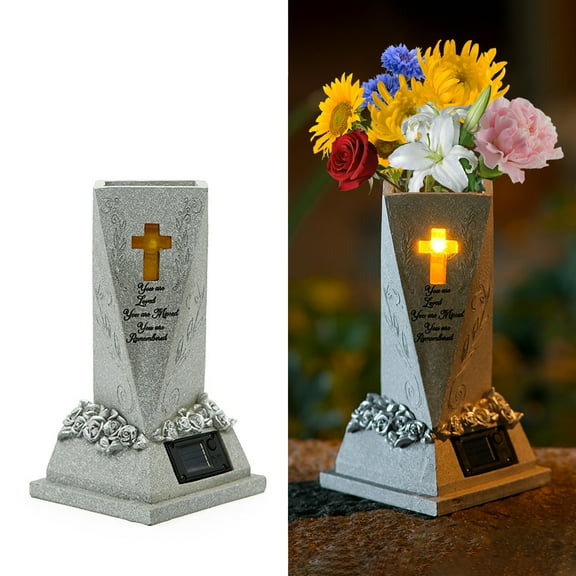 Cemetery Vase, Cometery Decor Solar Vase with LED Lights for Fresh or Artificial Flowers, Solar Grave Flowers Holder Headstones Vases, Sympathy & Memorial Gifts for Loss of Loved One