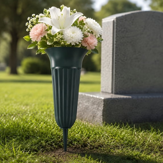 Cemetery Vase with Spikes, 12" Weather-Resistant Memorial Flower Holder for Gravesite, Durable Plastic Garden Vase with Ground Anchors for Outdoor Tributes, Shatterproof & Stable, 1PK