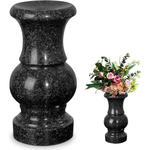 Cemetery Vase, Turned Round Granite Grave Vase Memorial Stone Vases with Draining Hole for Home Tabletop, Cemetery Flowers, Grave Headstone Decorations (1pc, Black)