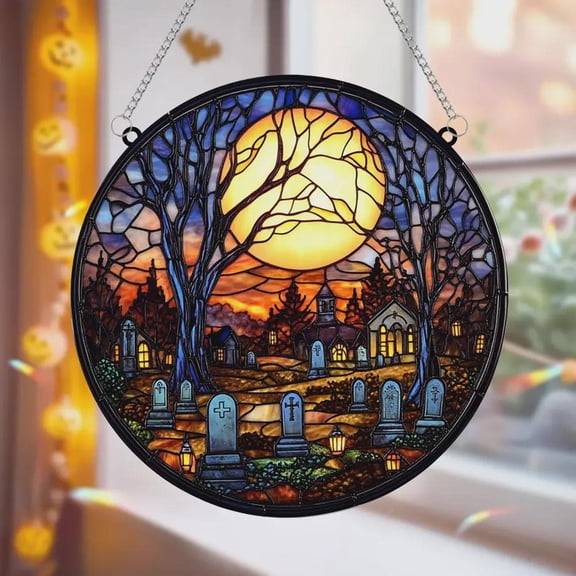 Cemetery With Full Moon Acrylic Faux Stained Glass Suncatcher Window Hanging Halloween Haunted Decor Gift Idea