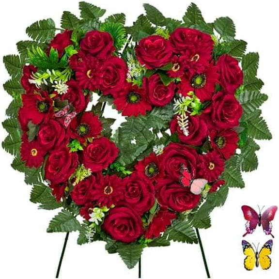 Cemetery Wreaths - Ebullient Remembrance Standing Heart, Grave Wreath with 30 Inch Easel Stand,Memorial Floral-Red Rose$$Home Decor, Kitchen, & Other