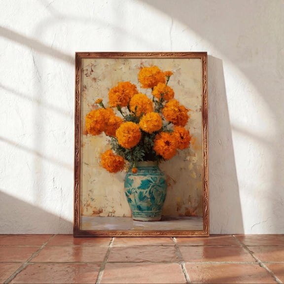 Cempasuchil Talavera Vase Mexican Marigold Still Life Floral Decor Unframed Paper Print