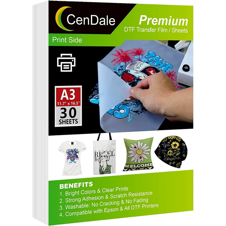 CenDale DTF Transfer Film - A3 (11.7 inch x 16.5 inch) 30 Sheets Double-Sided Matte Clear Pretreat Sheets- Pet Heat Transfer Paper for Dyi Direct
