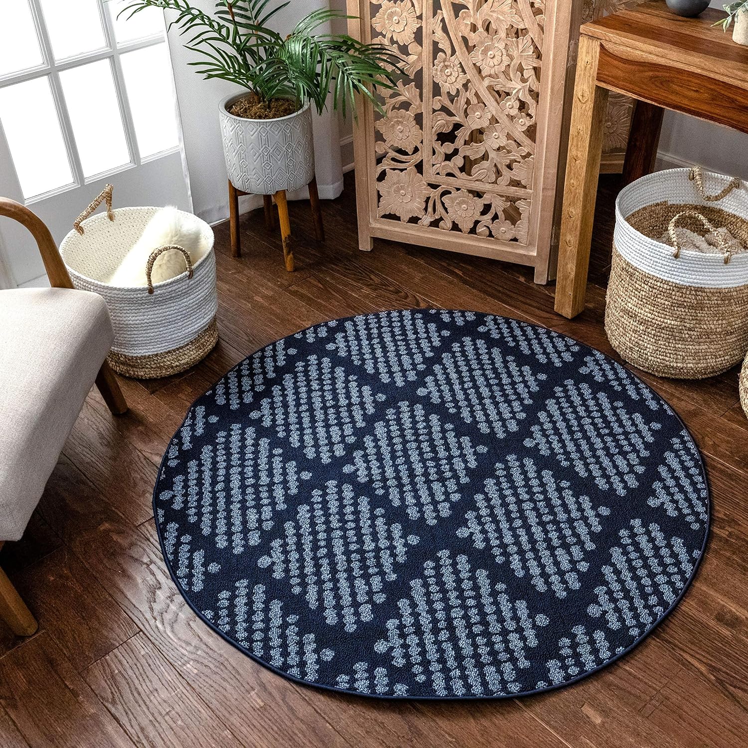 Cenadora Dark Blue Moroccan Trellis Area Rug 4' Round (3'11")