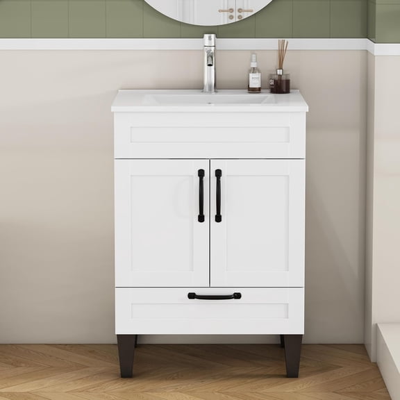 Cenis 24″ Mid-century Modern Bathroom Vanity Cabinet with Sink Combo, 1 Drawer and 2 Doors, White