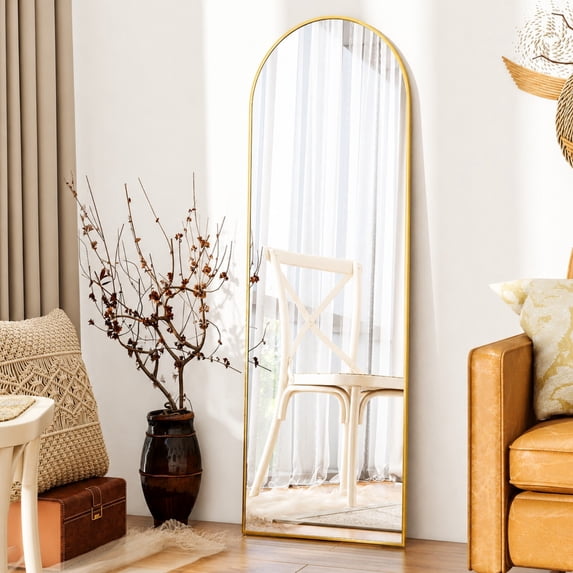 SEETHRUGLIMMER 59"x 16.25" Arched Full Length Mirror Metal Frame Floor Mirror with Stand, Gold