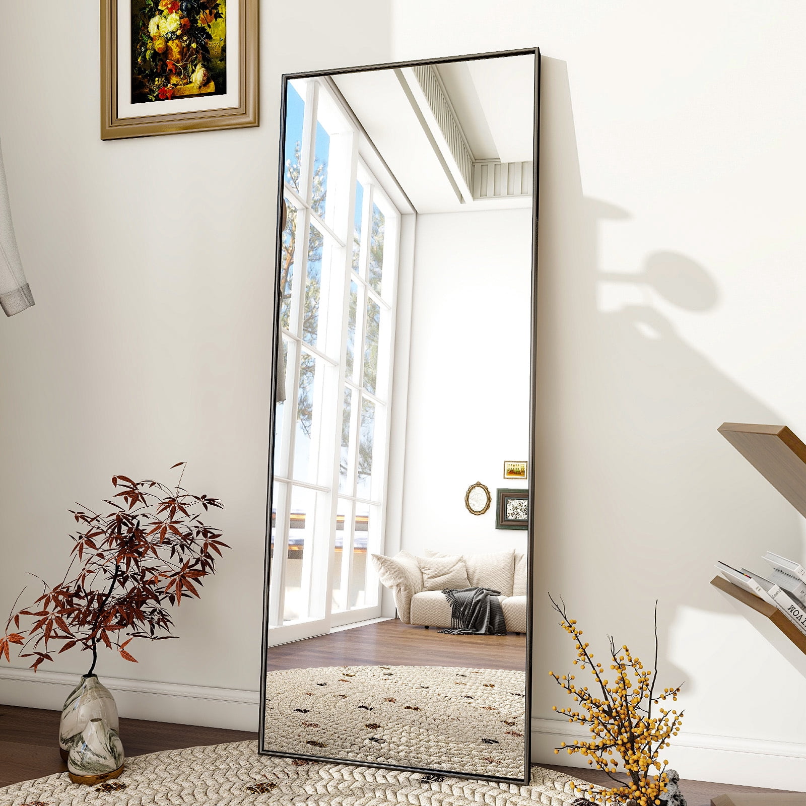 SEETHRUGLIMMER 64"x 21.25" Rectangle Full Length Mirror Metal Frame Floor Mirror with Stand, Black