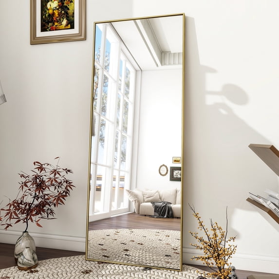 SEETHRUGLIMMER 64"x 21.25" Rectangle Full Length Mirror Metal Frame Floor Mirror with Stand, Gold