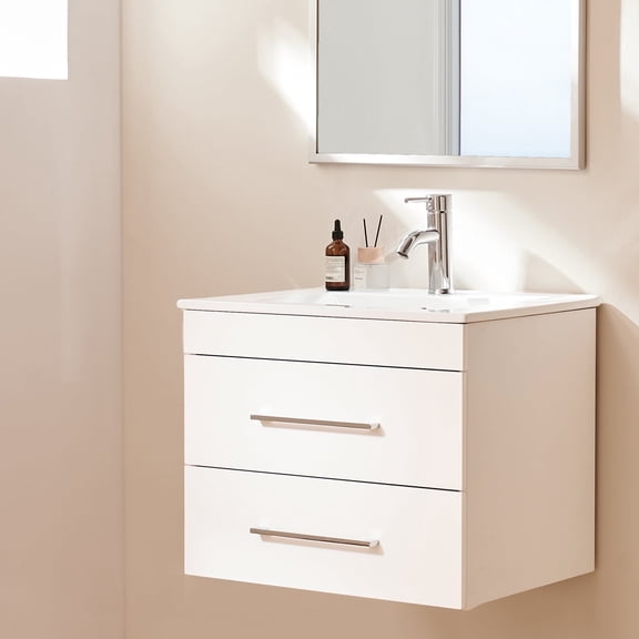 Censi 24 Inch High Glossy White Wall Mount Bathroom Vanity with Ceramic Basin, 2 Soft-Close Drawers