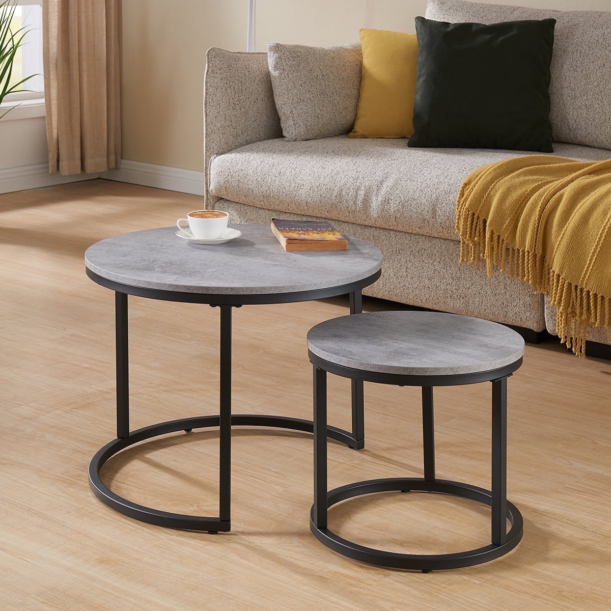 23.6" Gray Marble Concrete Round Nesting Coffee Table Set with Metal Frame