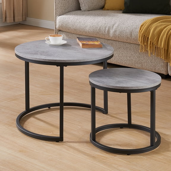 Censi 24" Round Nesting Table, Accent Coffee Table, Grey Faux Concrete Wood Finish, Space-Saving, Modern Industrial Style