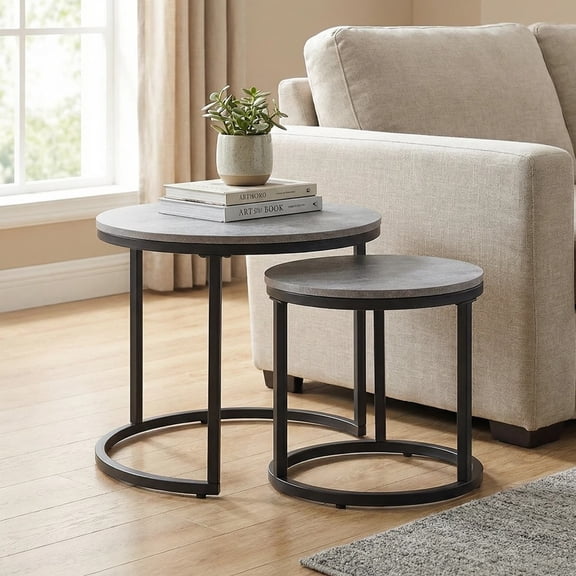 Censi 24" Round Nesting Table, Accent Coffee Table, Grey Faux Concrete Wood Finish, Space-Saving, Modern Industrial Style