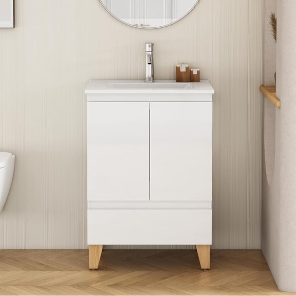Censi 24″ Mid-century Modern Bathroom Vanity Cabinet with Ceramic Sink Combo, 2 Doors and 1 Drawer, Soft-Clost System, Solid Wood Feet, High Glossy White Painted Finish