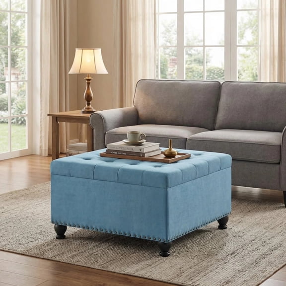 Censi 30" Large Square Storage Ottoman Coffee Table, Upholstered Tufted Fabric Footrest with Nailhead Trim, Blue