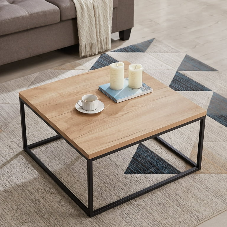 Censi 30 inch Square Coffee Table for Living Room Light Wood Natural Oak Finish Modern Industrial Wood and Metal Size Square 30 Yellow