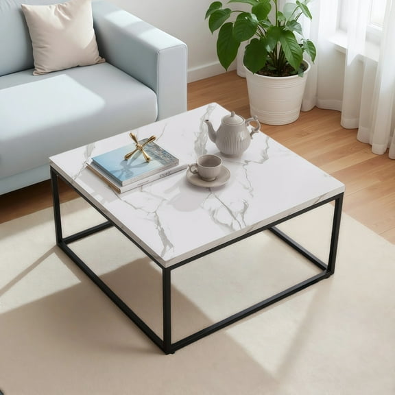 Censi 30"x30" Marble Accent Coffee Table Ottoman for Living Room, Modern Industrial Style, 1.2" Extra Thick Tabletop (White Marble)