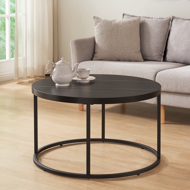 Censi 31.5" Black Marble Round Ottoman Coffee table for Living Room, Farmhouse End Table, Side