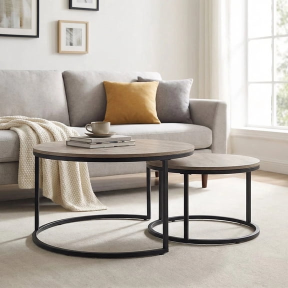 CENSI Round Nesting Coffee Table Set of 2, 31.5" Modern Grey Wash Oak Wood & Metal Frame, Industrial Circle Stacking Accent Tables for Living Room, Rustic Farmhouse Decor, Easy Assembly