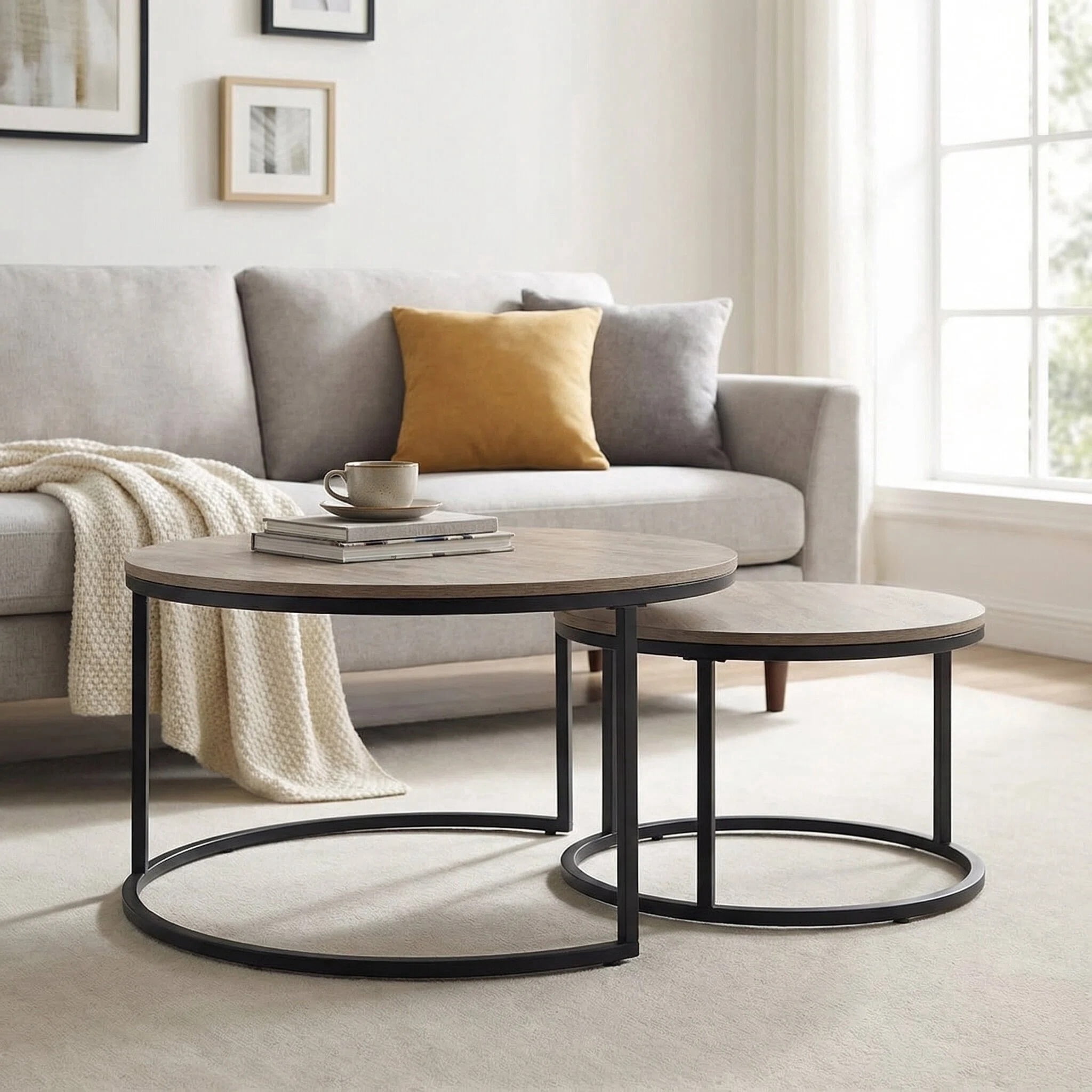 CENSI Round Nesting Coffee Table Set of 2, 31.5" Modern Grey Wash Oak Wood & Metal Frame, Industrial Circle Stacking Accent Tables for Living Room, Rustic Farmhouse Decor, Easy Assembly