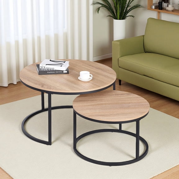 CENSI Round Nesting Coffee Table Set of 2, 31.5" Natural Oak Wood & Metal Frame, Modern Industrial Stacking Center Tables for Living Room, Scandi Boho Decor, Sturdy Circle Accent Furniture