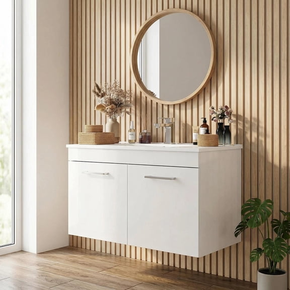 Censi 32-Inch Bathroom Vanity with Sink Combo,Wall-Mounted Bathroom Vanity with Double Doors, Wall Mount Bathroom Cabinet,Soft Close Hinges,Long Metal Handles,Ceramic Basin,Glossy White