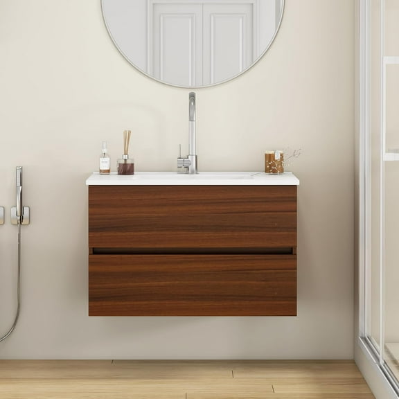 Censi 32-Inch Wall-Mounted Bathroom Vanity Cabinet with Ceramic Sink, 2 Drawers with Soft-Close Runners, Plywood Construction, Walnut