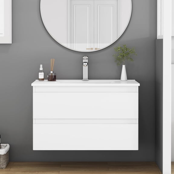 Censi 32-Inch Wall-Mounted Bathroom Vanity with Sink Combo, Double Drawers, Rounded Drawer Fronts,Soft-Close System,Ceramic Sink,No Handle Design, Plywood Material, Painted White Finish