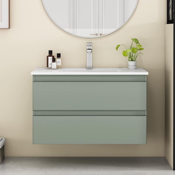 Censi 32-Inch Wall-Mounted Bathroom Vanity with Sink Combo, Double Drawers, Rounded Drawer Fronts,Soft-Close System,Ceramic Sink,No Handle Design,Plywood, Painted Green Finish