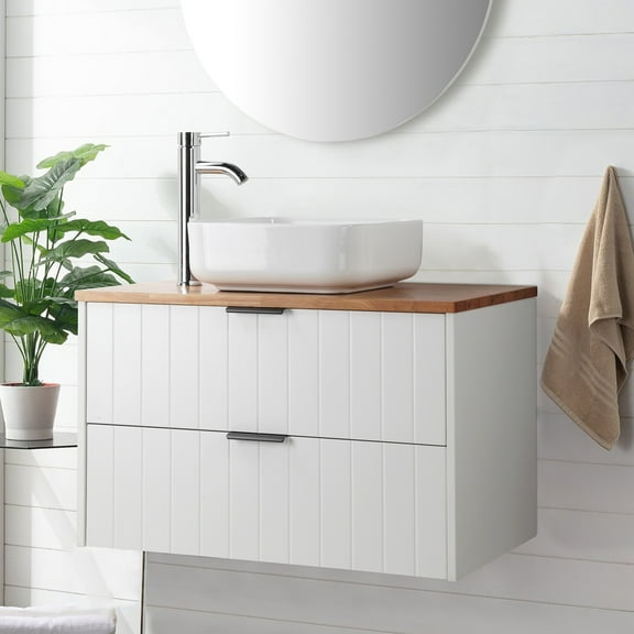 Censi 32 inch Wall-Mounted Bathroom Vanity with Art Sink Combo, Solid Wood Top, 2 Extra Large Soft-Close Drawers, White and Natural Oak Finish for Modern Bathroom