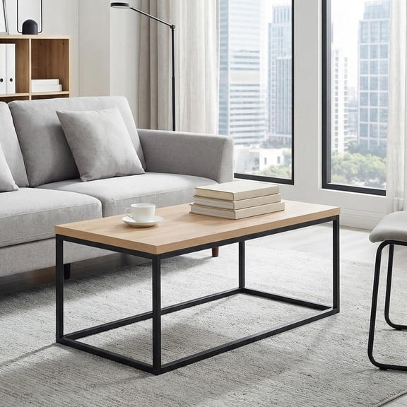 Censi 40" Natural Oak Coffee Table for Living Room, Modern Industrial Cocktail Table with Black Metal Legs, Rectangle Farmhouse Blonde Wood Center Table, Extra Thick Top, Sturdy & Easy Assembly