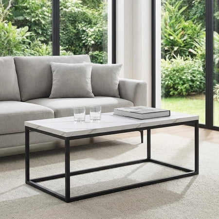 Censi 40-Inch Marble Accent Coffee Table Ottoman for Living Room, Rectangle, Mid-Century Modern Industrial Style, Extra Thick Top, Wood and Metal (White Marble)