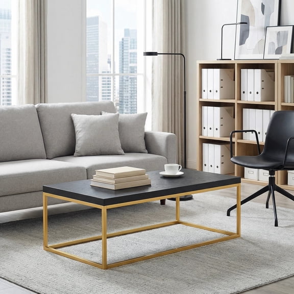 Censi 47-Inch Black Oak Coffee Table / Center Table for Living Room, Rectangle Modern Industrial Style, Wood and Gold Metal ( Black Oak & Gold)