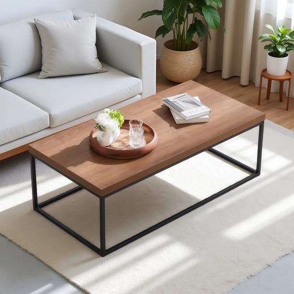 Censi 47-Inch Dark Walnut Coffee Table for Living Room, Modern Industrial, Rectangular Wood and Metal Center Table with Extra Thick Tabletop (Dark Brown)