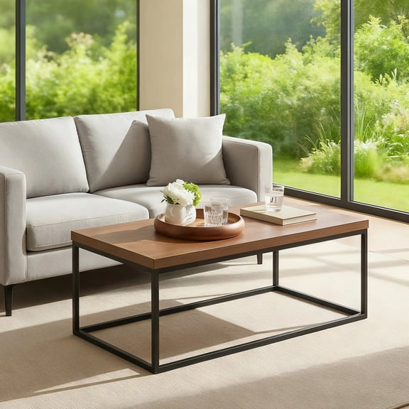 Censi 47-Inch Dark Walnut Coffee Table for Living Room, Modern Industrial, Rectangular Wood and Metal Center Table with Extra Thick Tabletop (Dark Brown)